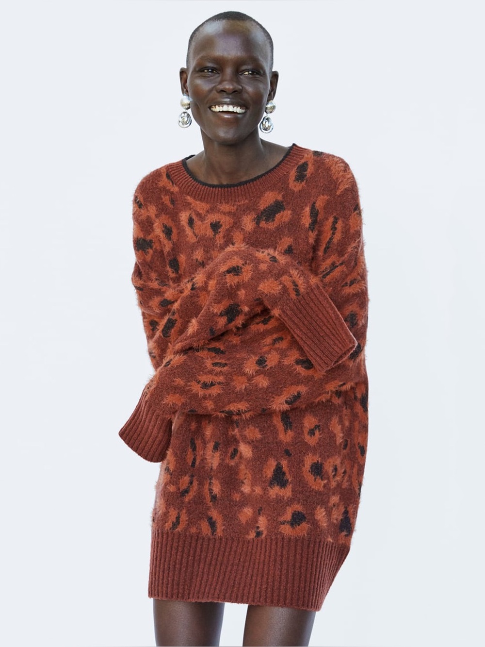 ZARA KNIT | Leopard Print Soft Fuzzy Sweater Dress, S